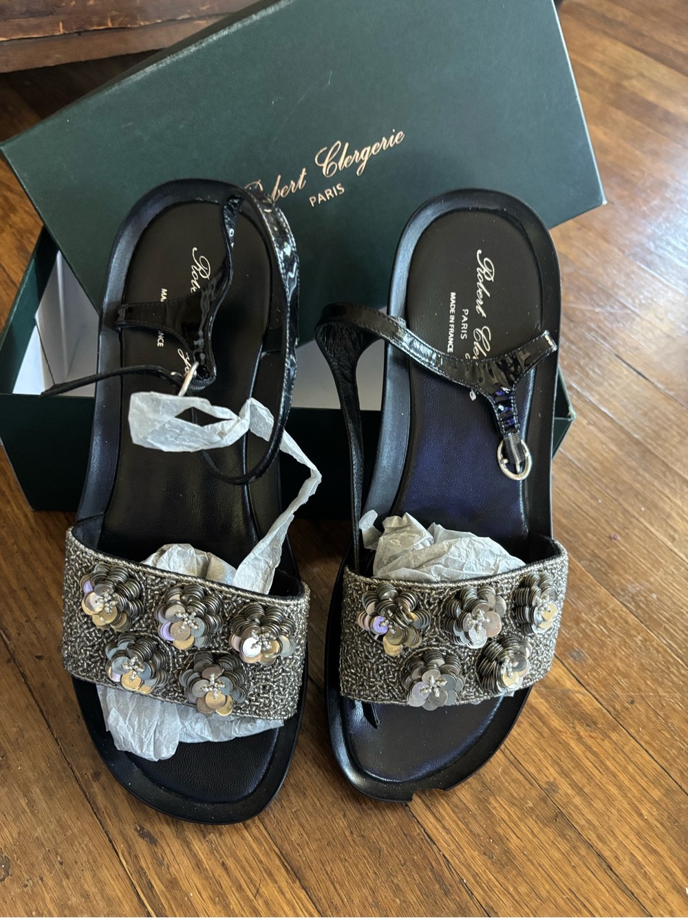 Robert Clergerie Black Sandals with Silver Floral Embellishments
